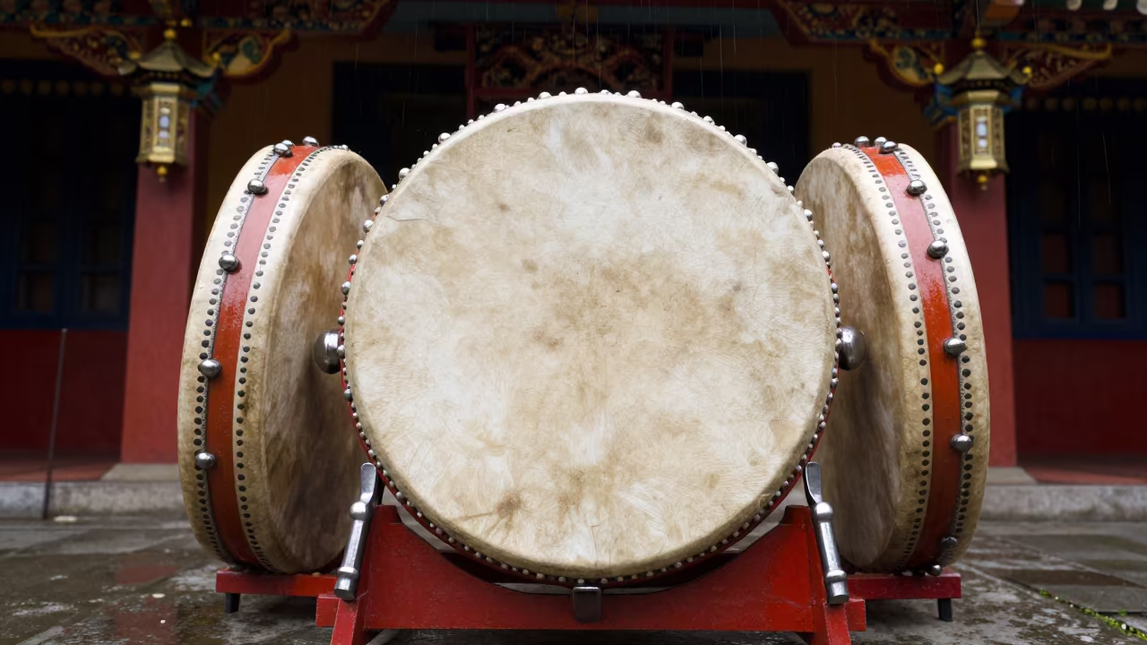 Tibetan Damaru Drum in Johor Bahru Shrine in in a shrine lined with lanterns in Johor Bahru