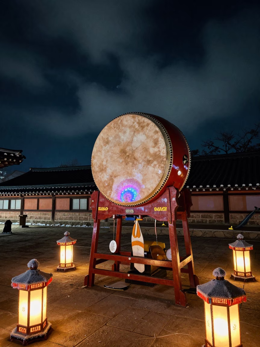 Tibetan Damaru Drum in Midnight Neon Shrine in in a shrine lined with lanterns near Daejeon