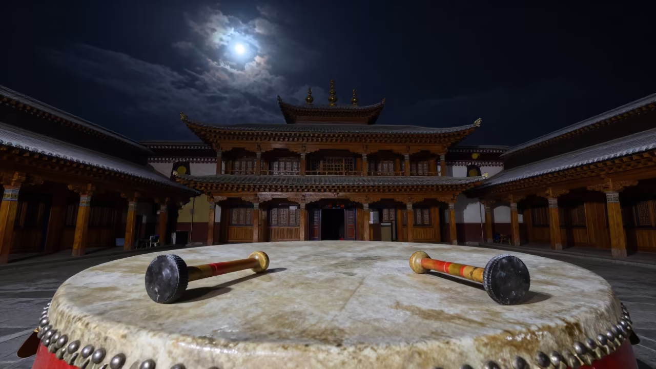 Tibetan Damaru Drum in Ningbo Winter Moonlight in in a ceremonial hall near Ningbo