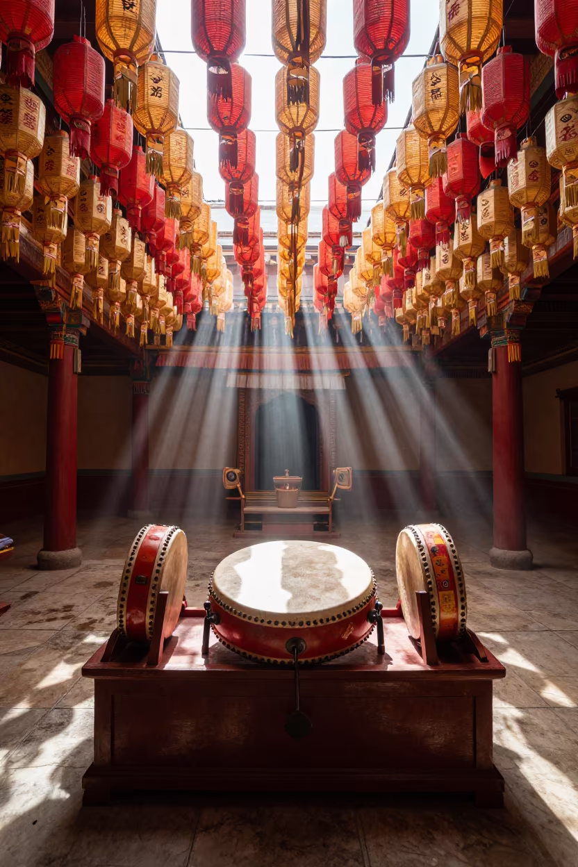 Tibetan Damaru Drum in Yaounde Shrine in in a shrine lined with lanterns near Yaounde