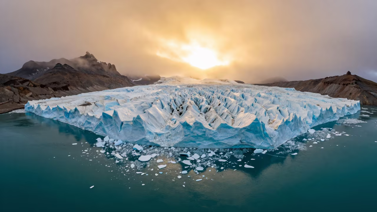 Tibetan Glacier Calving Into Turquoise Water in in Tibet