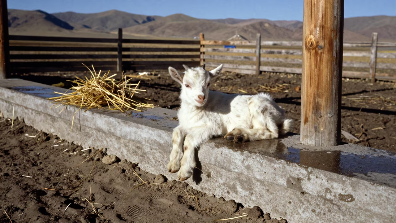 Tibetan Goat Kidding on Muddy Paddock Fence in along a muddy paddock fence in Tibet