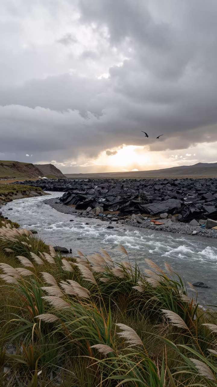 Tibetan Lava Plain River at Dusk in across a wide valley floor in Tibet