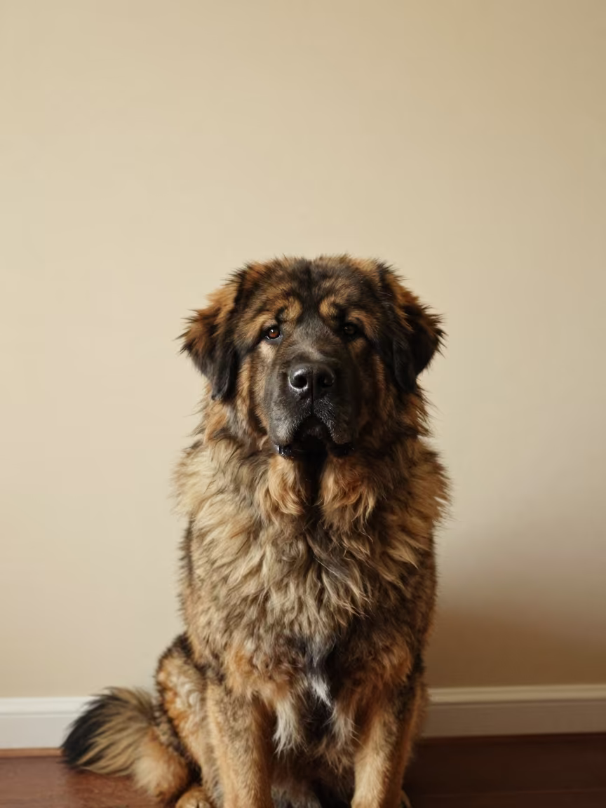Tibetan Mastiff Portrait Beside Plaster Wall in beside a plain plaster wall in soft indoor light with the animal centered in frame near Toulouse