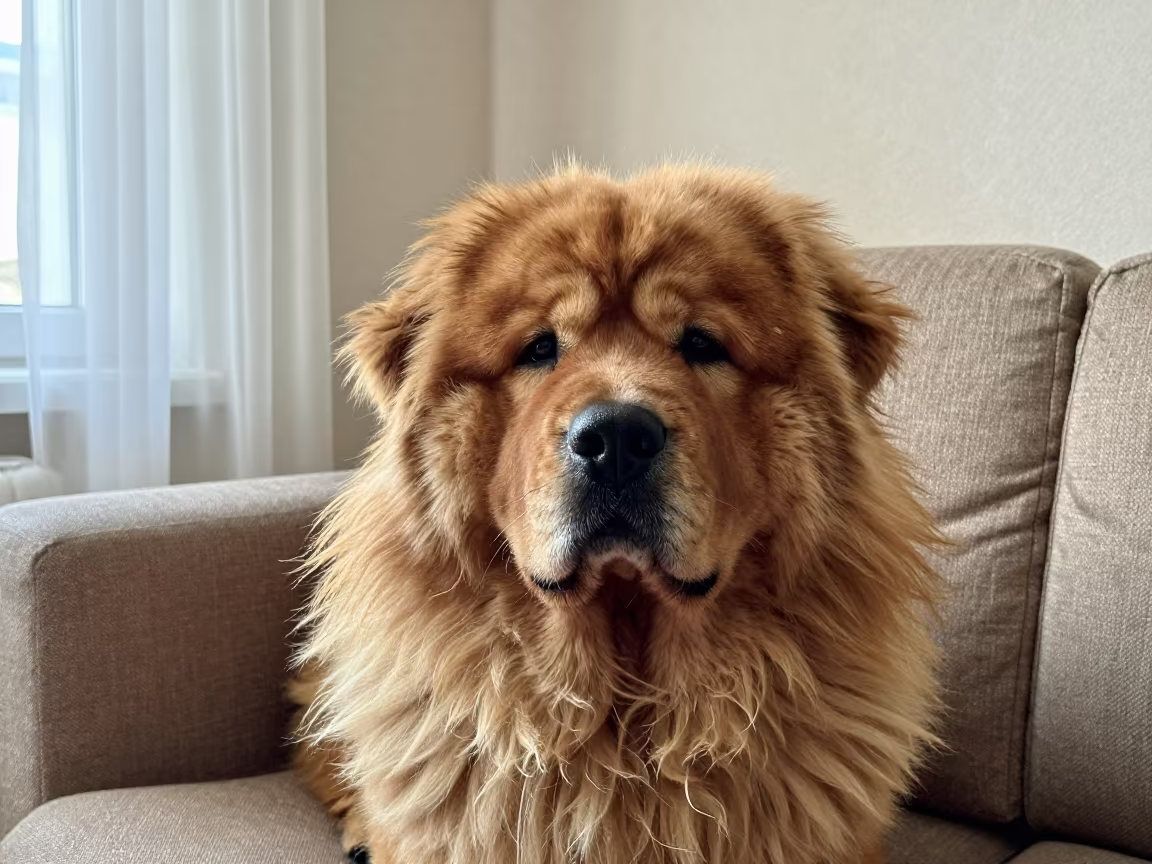 Tibetan Mastiff Portrait Near Fergana Window in on a sofa near a curtained window with calm indoor light near Fergana