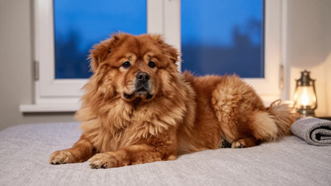 Tibetan Mastiff Resting on Bedspread in Tiruchirappalli in on a bedspread near a bright window with calm indoor light in Tiruchirappalli