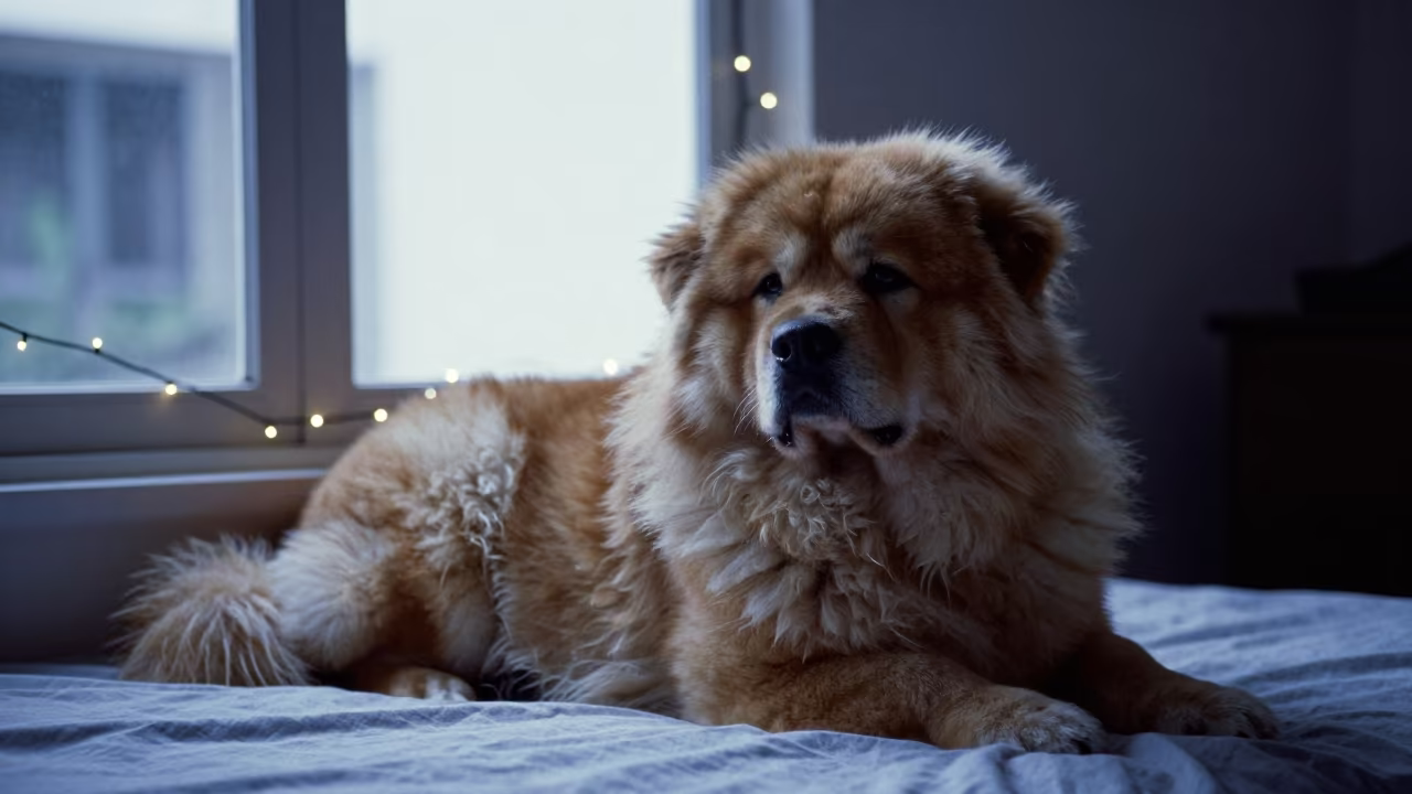 Tibetan Mastiff Resting on Bedspread Near Window in on a bedspread near a bright window with calm indoor light in Bangsar, Kuala Lumpur