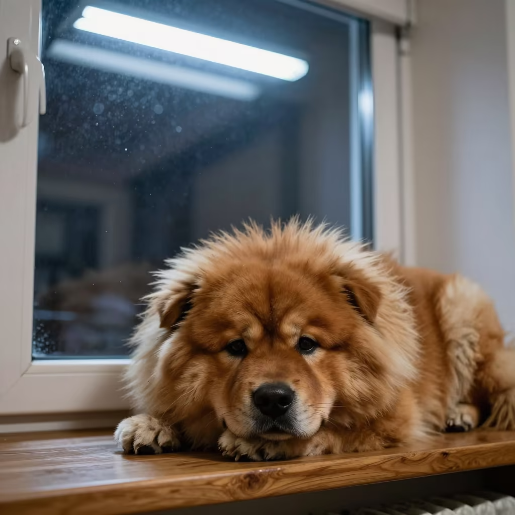 Tibetan Mastiff Resting on Milan Window Seat in on a window seat in a quiet apartment with soft side light near Milan