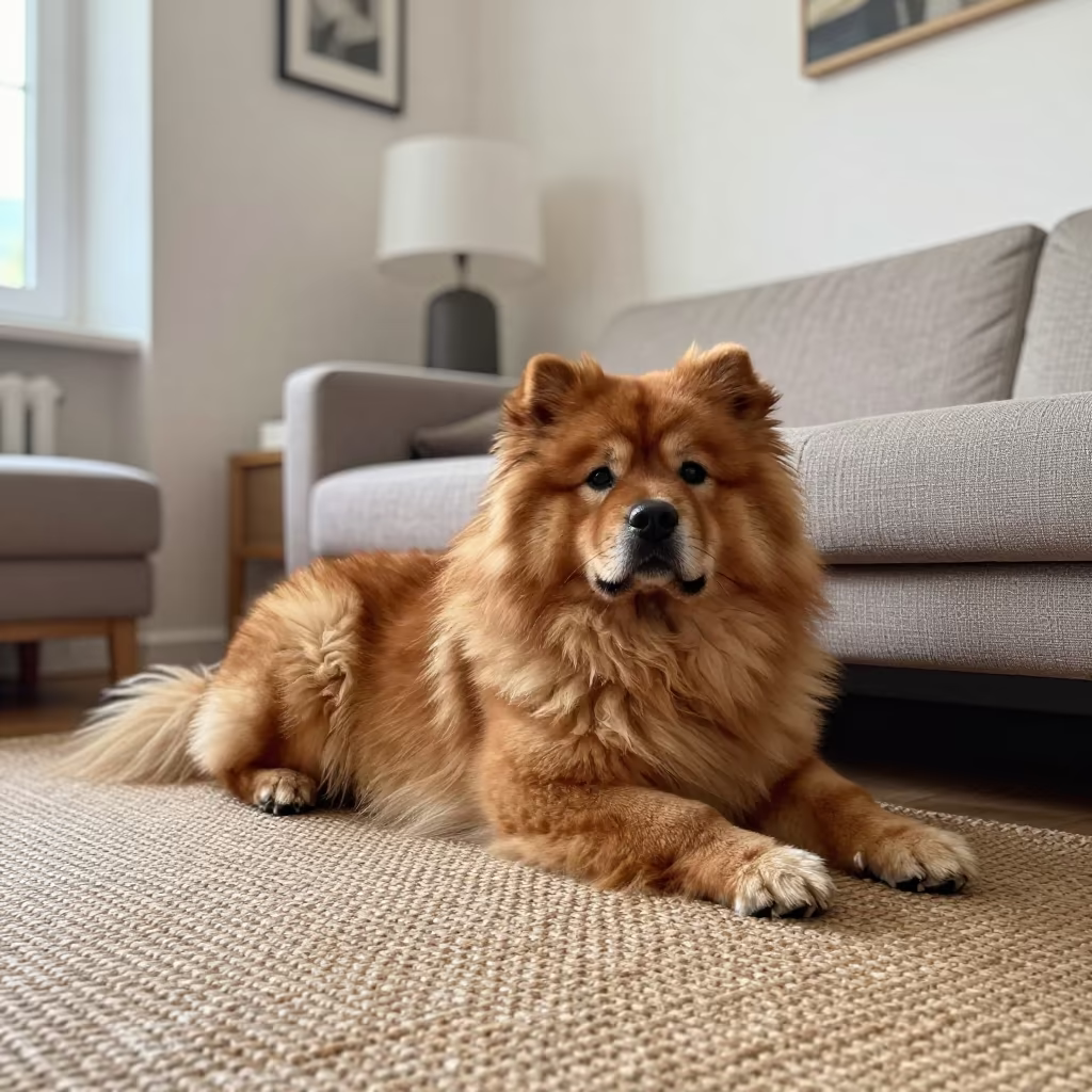 Tibetan Mastiff Resting on Rug in Helsinki Home in on a woven rug beside a low couch and an uncluttered wall in Design District, Helsinki