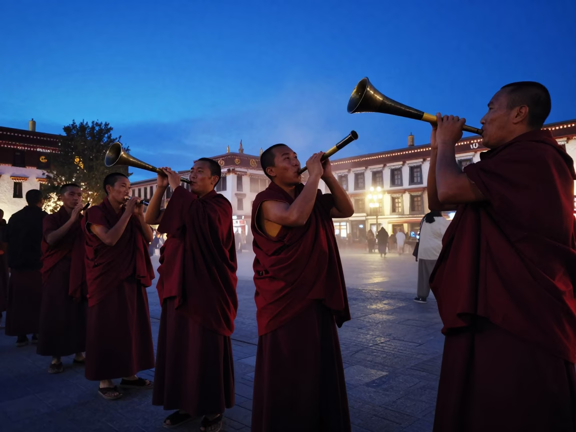 Tibetan Monks Blowing Horns in Hague Evening in in The Hague