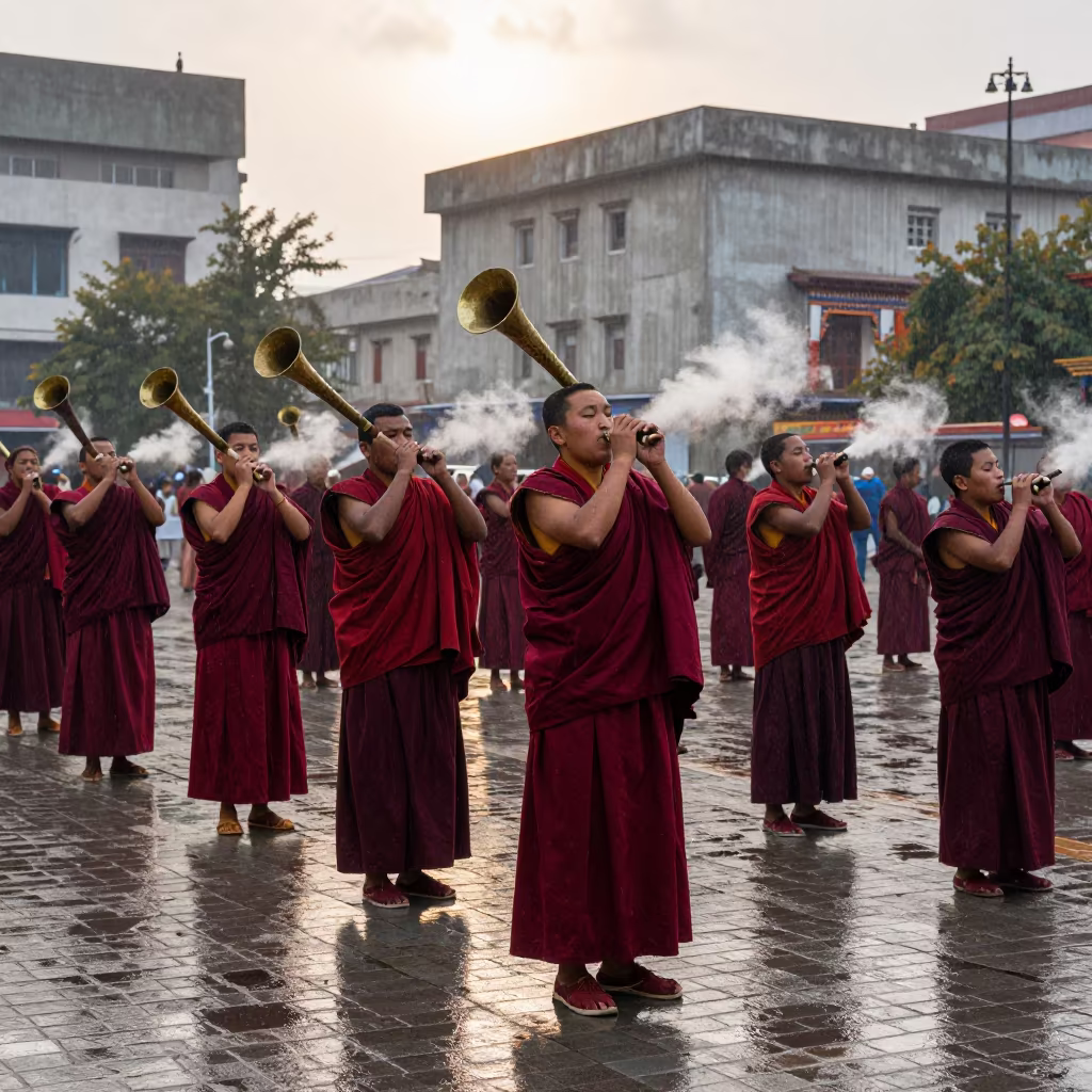 Tibetan Monks Blowing Long Horns After Rain in Chandigarh in near Chandigarh
