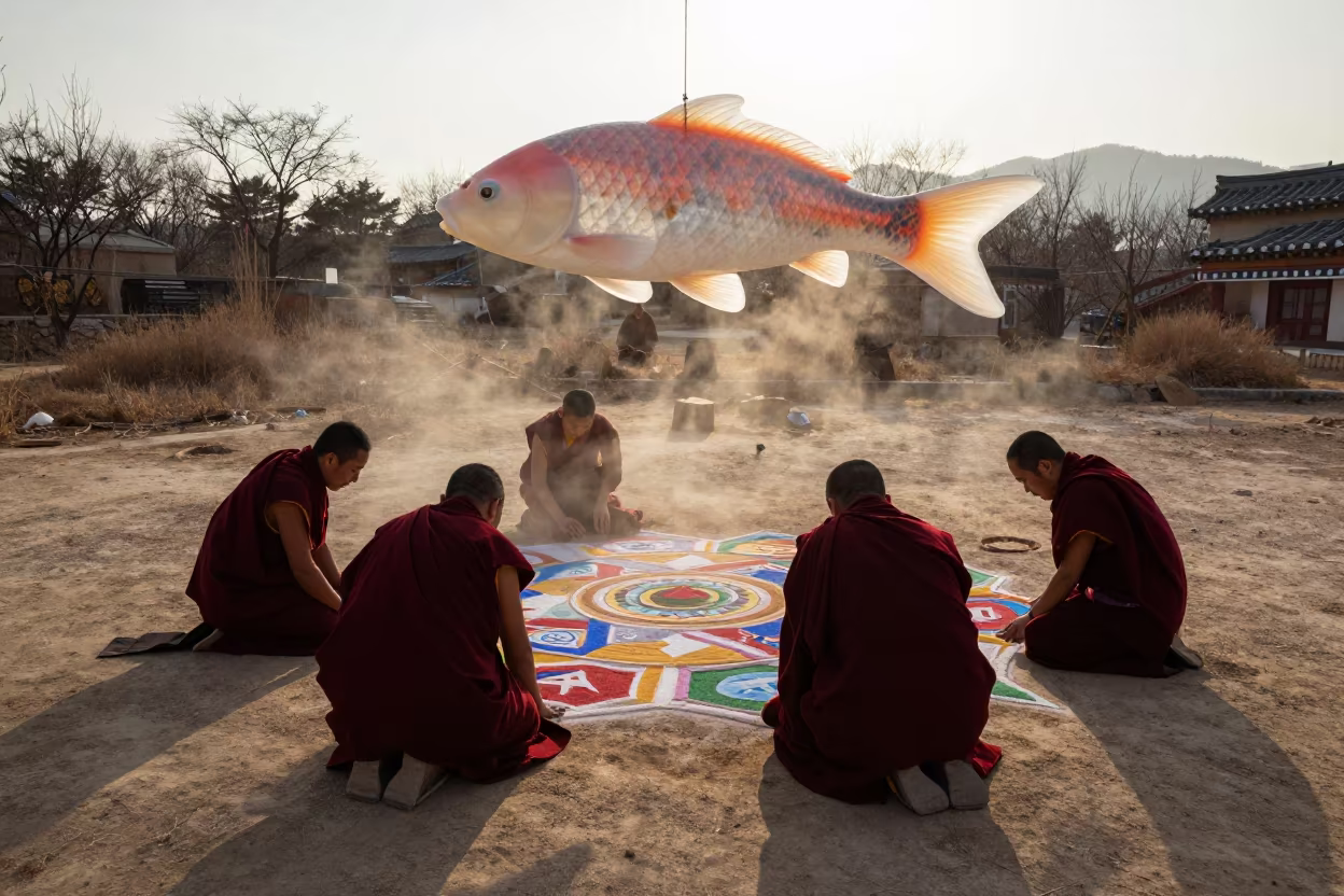 Tibetan Monks Create Mandala Under Giant Koi in Daegu in in Daegu