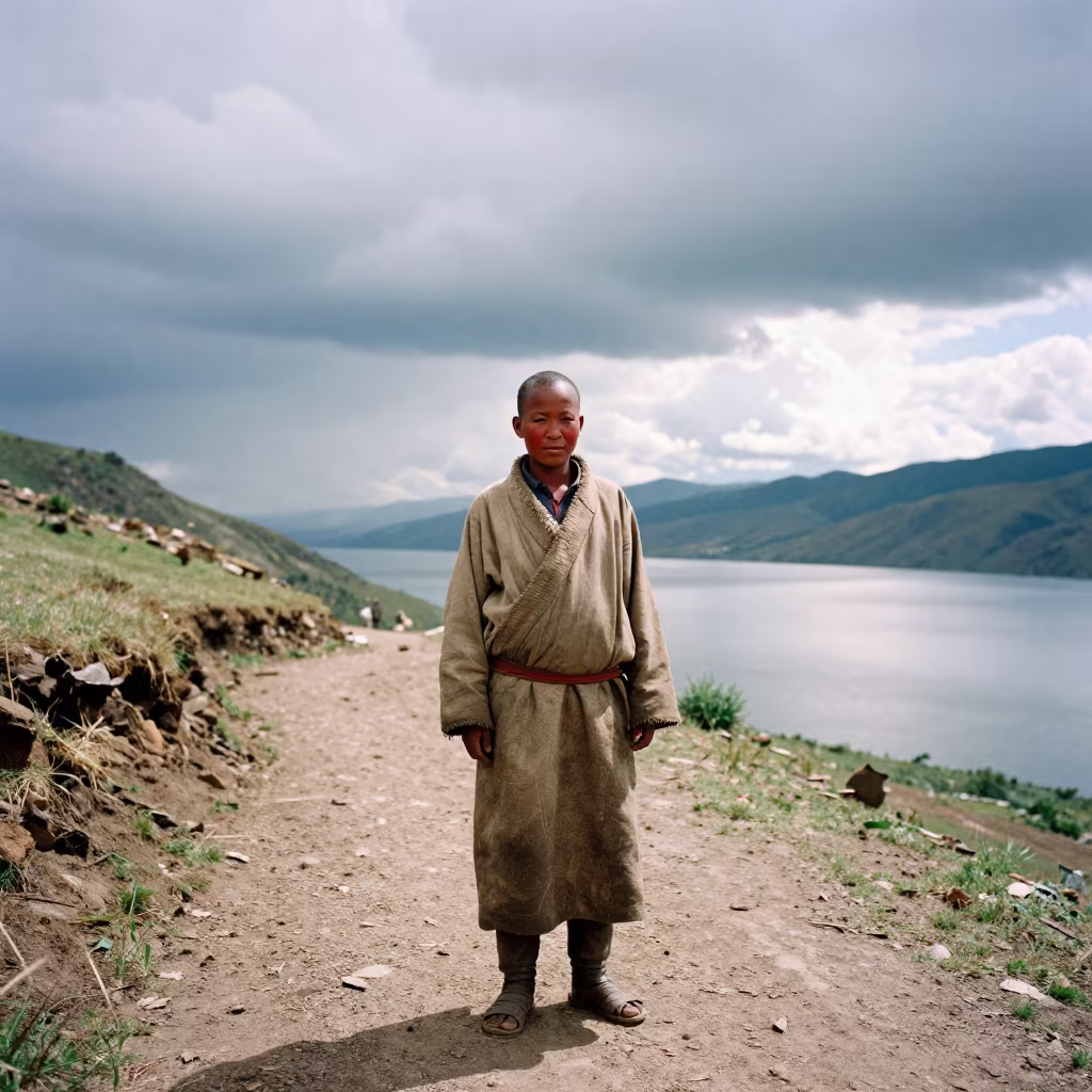 Tibetan Nomad on Ilorin Mountain Path in on a mountain path near Ilorin