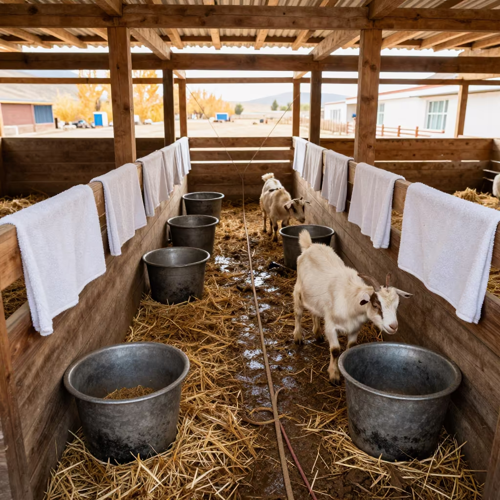 Tibetan Ranch Goat Kidding Stall Late Afternoon in inside a ranch corral in Tibet
