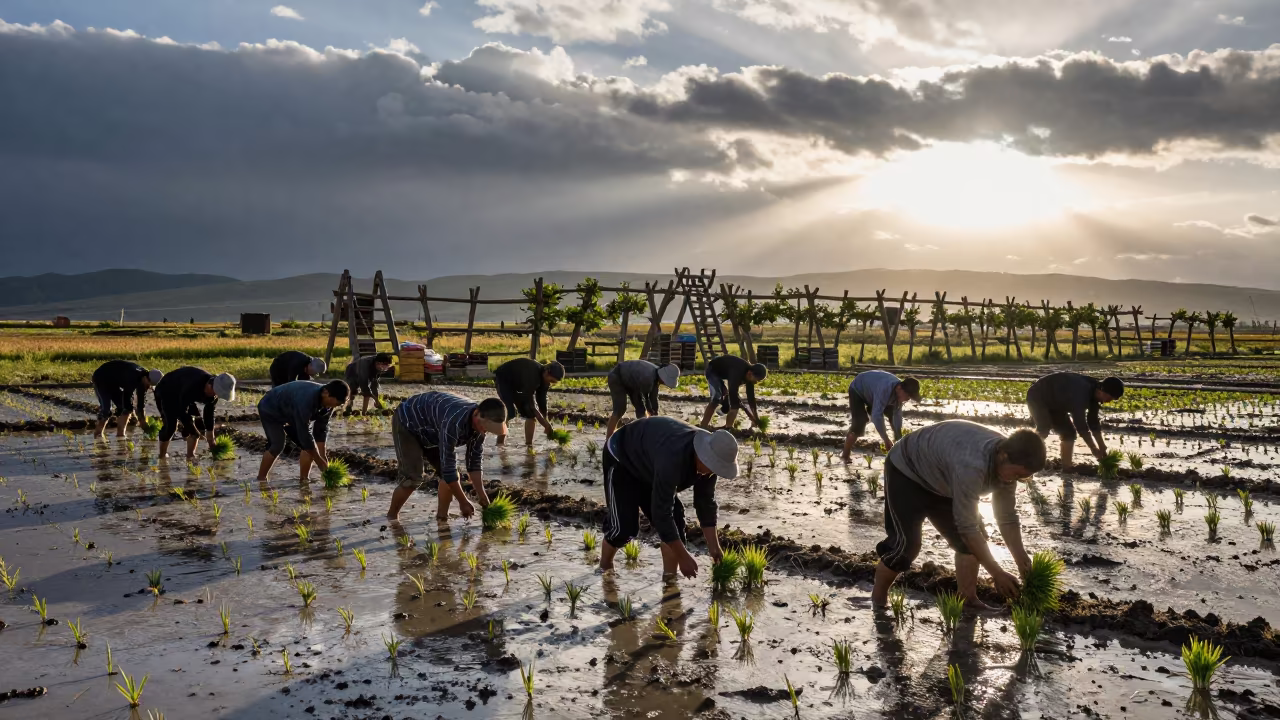 Tibetan Rice Farmers Planting Seedlings at Dawn in among orchard ladders and crates in Tibet