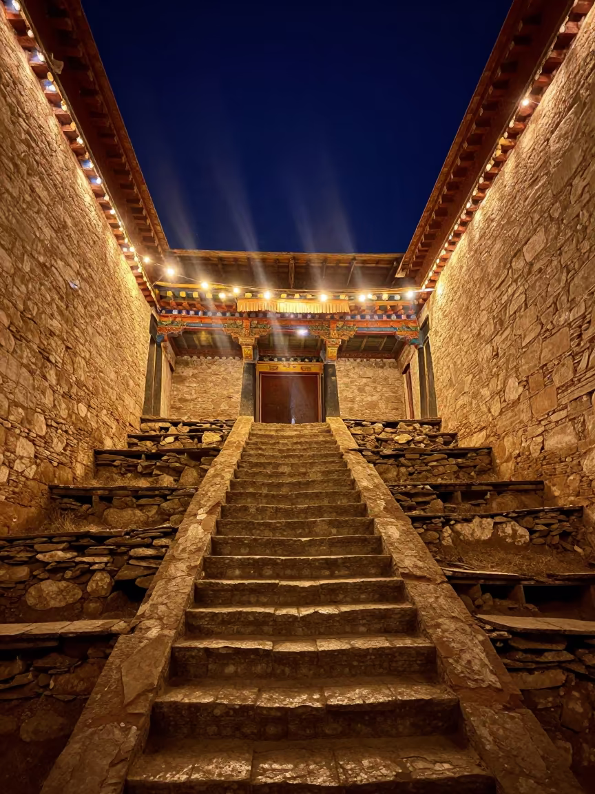 Tibetan Ruin Staircase in Golden Night Light in inside a roofless nave in Tibet