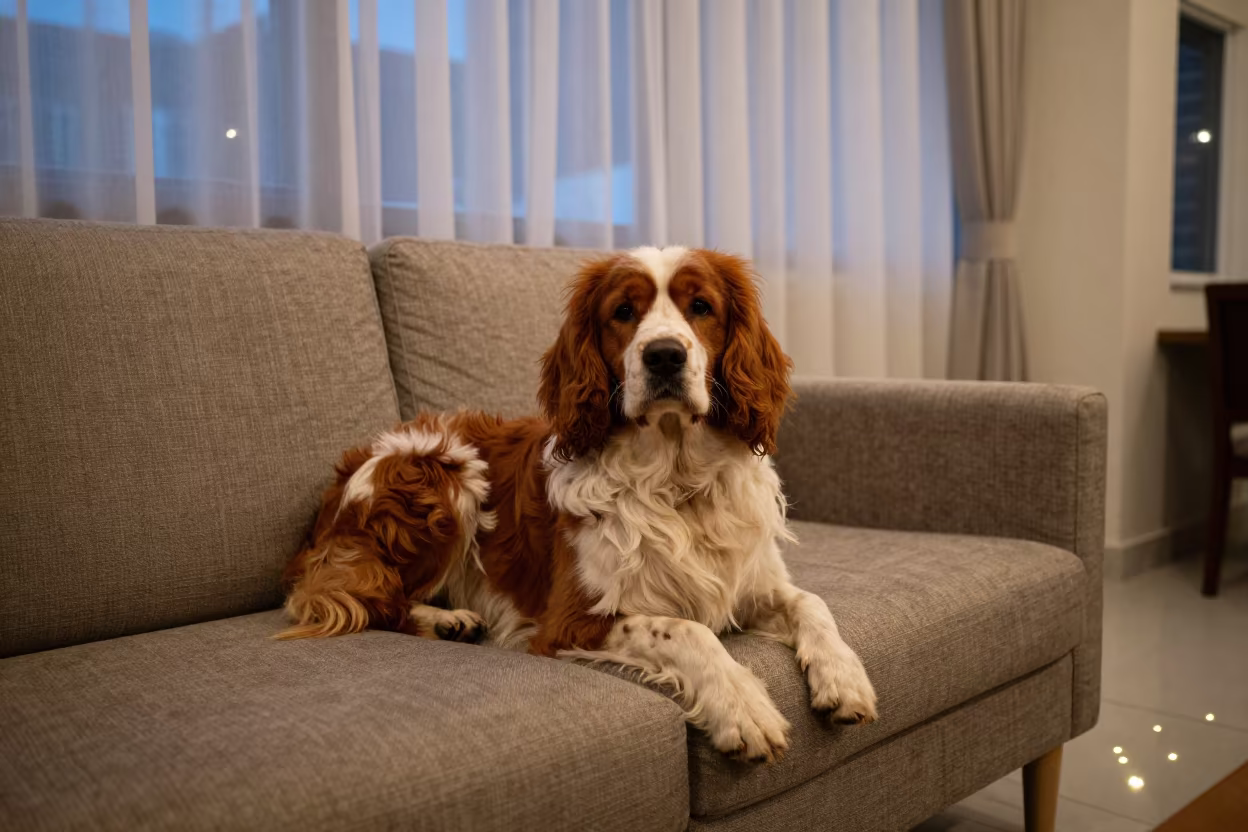 Tibetan Spaniel on Sofa Near Window in Bangkok in on a sofa near a curtained window with calm indoor light in Khao San Road, Bangkok