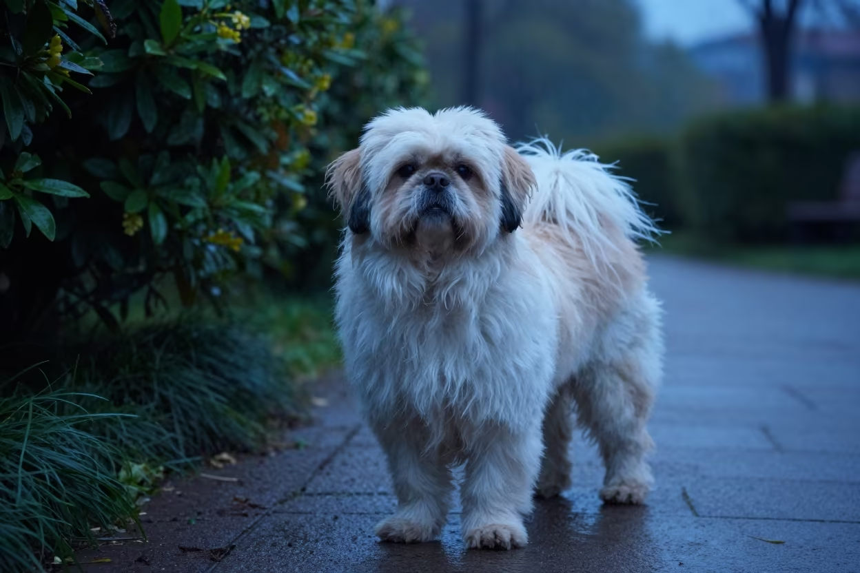 Tibetan Spaniel Portrait Castries Park Twilight in along a quiet park path with soft open shade and a clean background near Castries