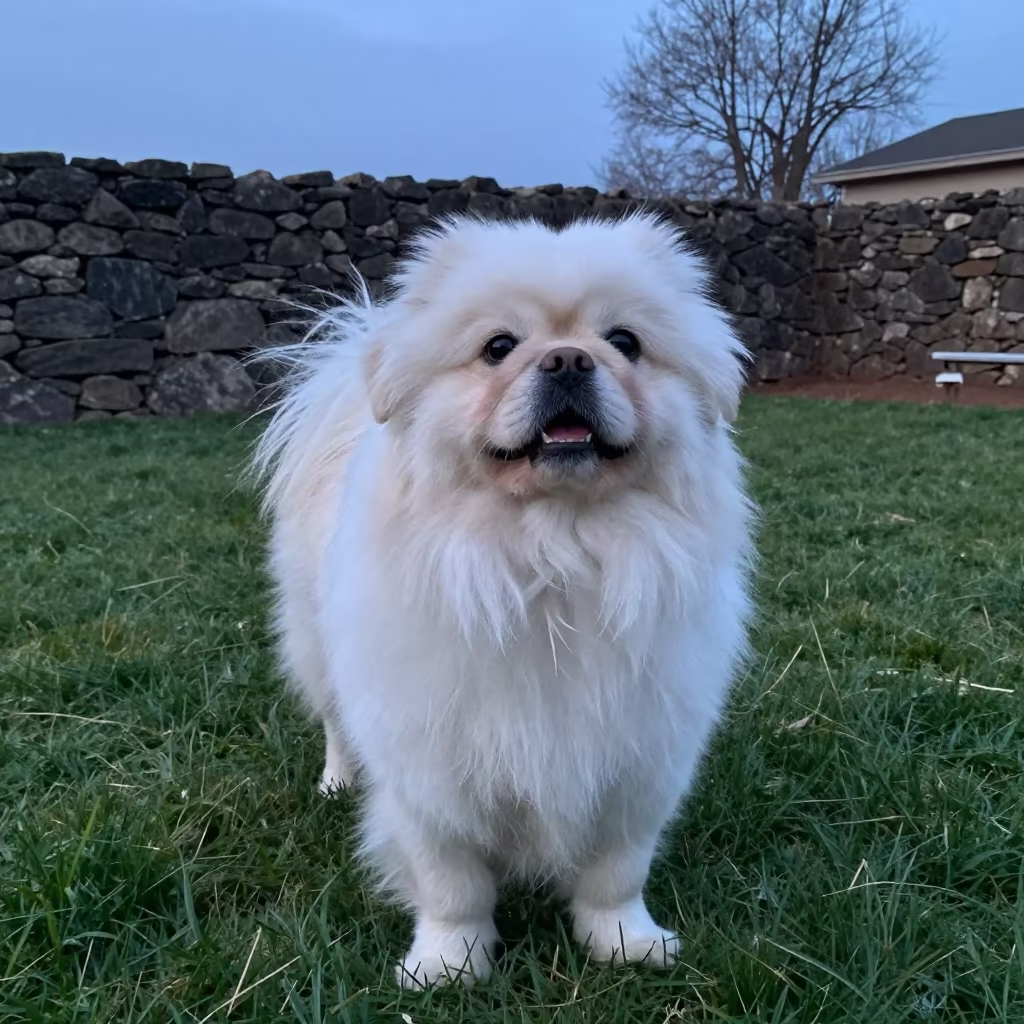 Tibetan Spaniel Portrait in Maseru Blue Hour in in a small yard with clipped grass, calm light, and the animal centered in frame in Maseru