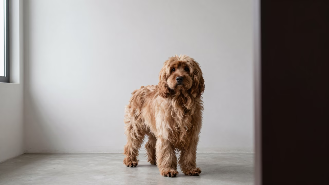 Tibetan Spaniel Portrait in Pingtung Soft Light in beside a plain plaster wall in soft indoor light with the animal centered in frame in Pingtung