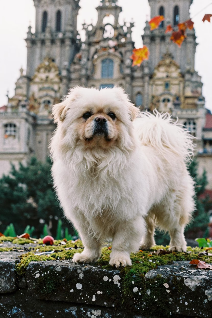 Tibetan Spaniel Portrait Near Garden Edge Morning Light in near a garden edge with soft morning light and an uncluttered background in Santiago de Compostela