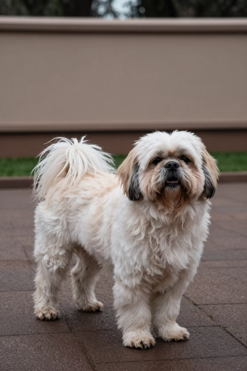 Tibetan Spaniel Portrait Omdurman Park Path in beside a plain courtyard wall in clear daylight with the animal at eye level in Omdurman