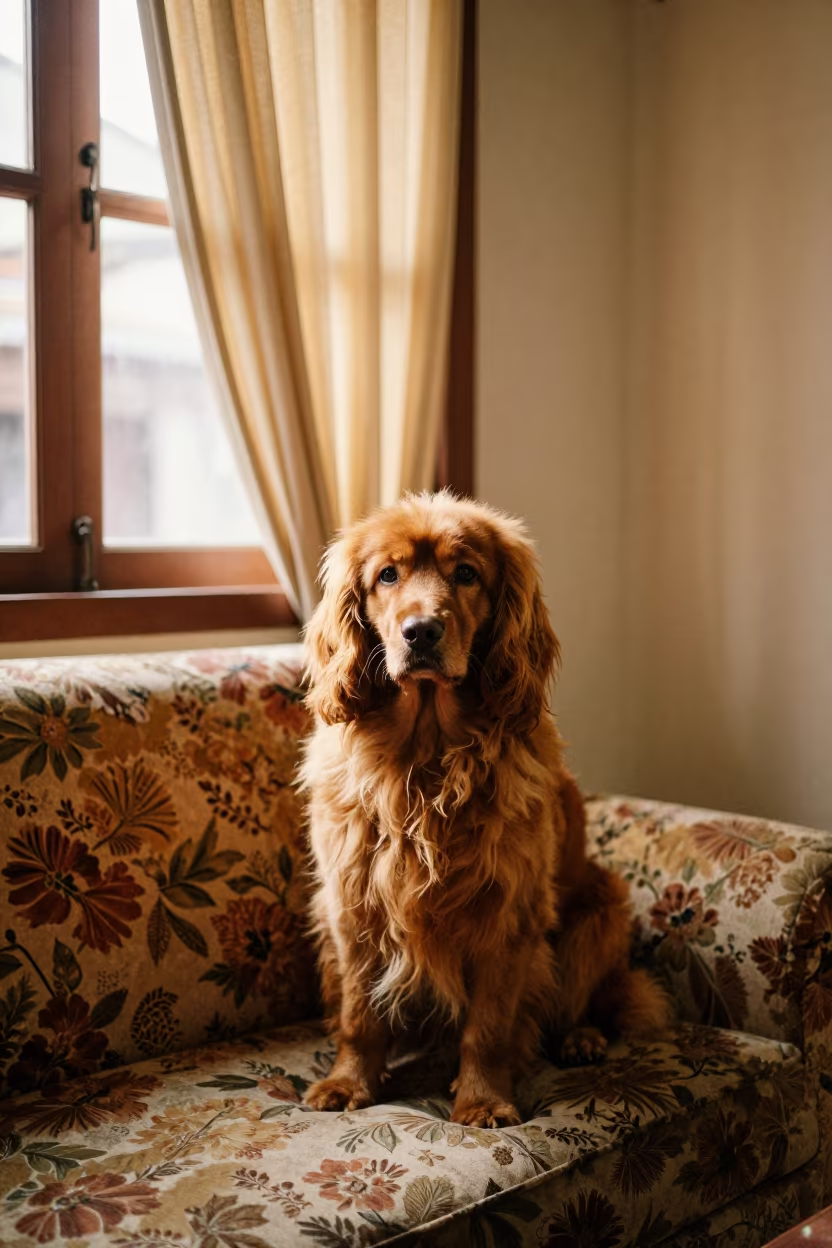 Tibetan Spaniel Portrait on Sofa in Yangon in on a sofa near a curtained window with calm indoor light in Chinatown, Yangon