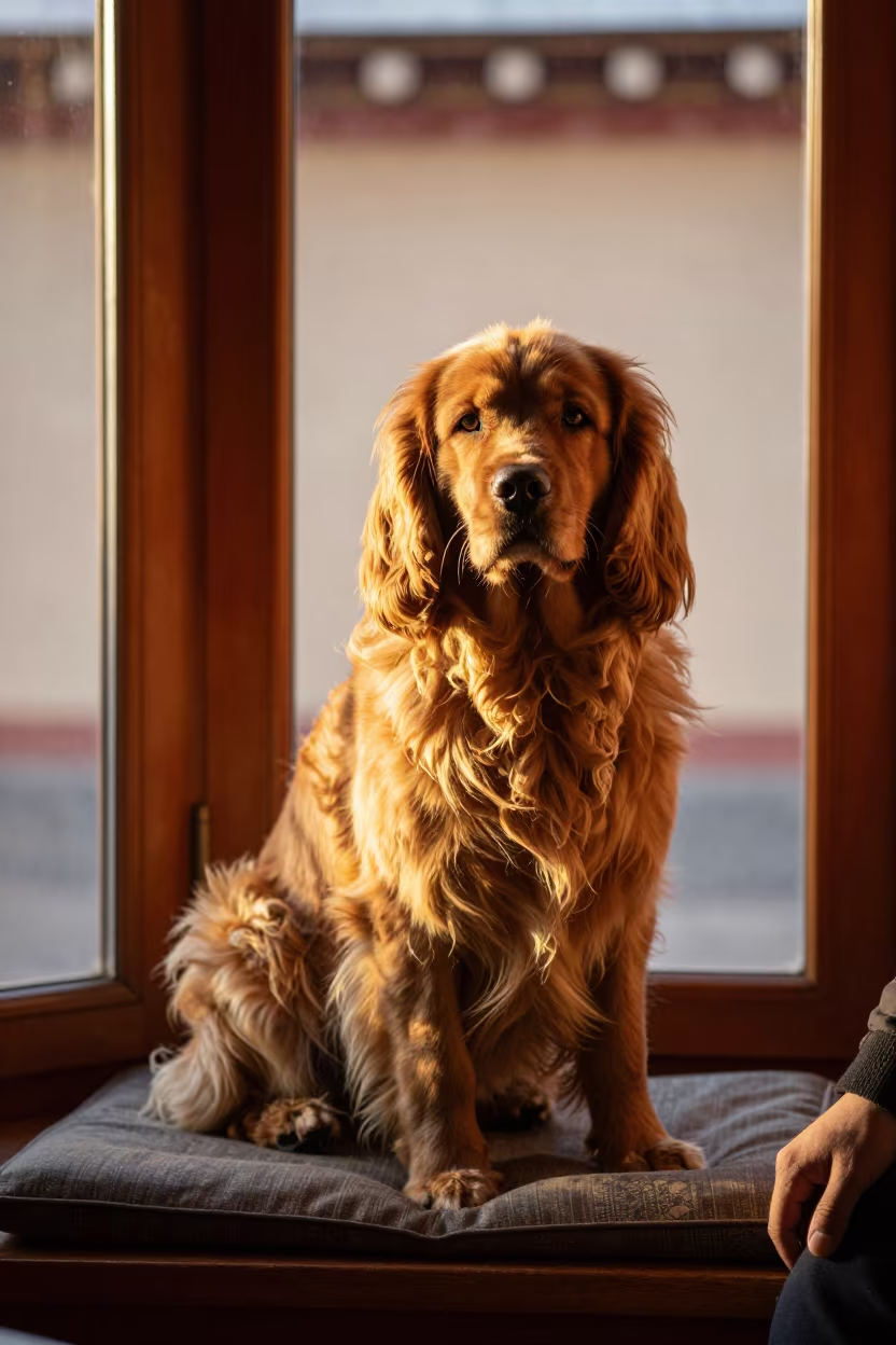 Tibetan Spaniel Portrait on Window Seat in on a cushioned window seat with soft side light and an uncluttered background in Kasulu