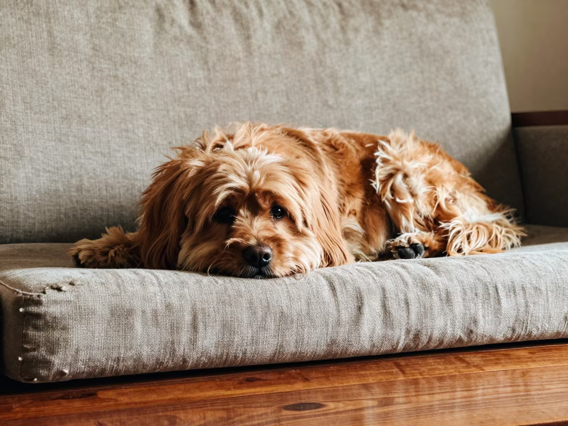 Tibetan Spaniel Resting on Linen Sofa in Beijing in on a linen sofa with daylight from a nearby window in Houhai, Beijing