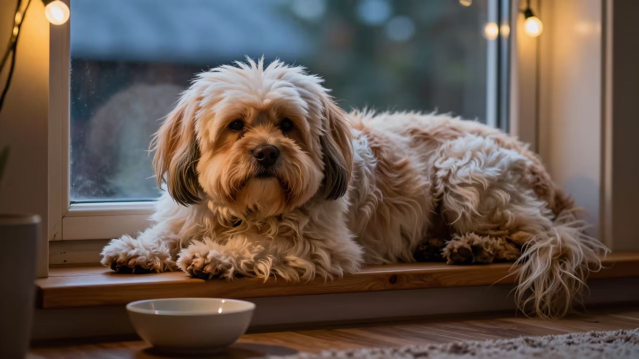 Tibetan Spaniel Resting on Parnell Window Seat in on a window seat in a quiet apartment with soft side light in Parnell, Auckland