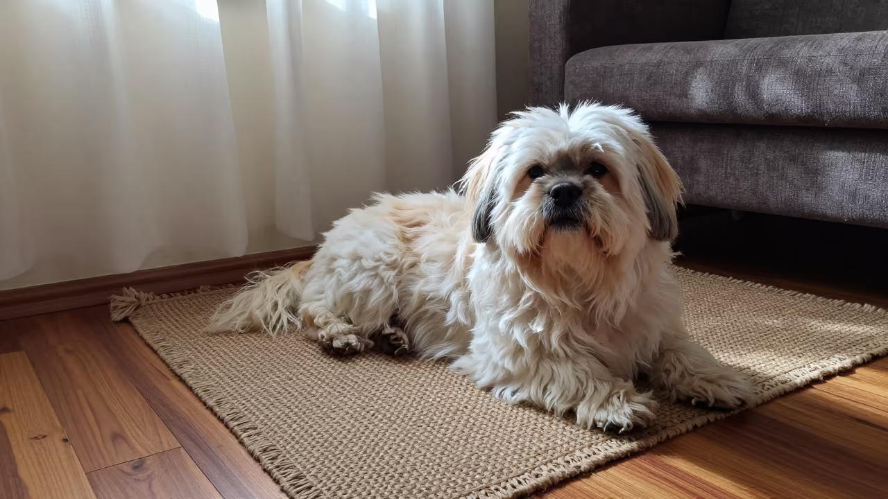 Tibetan Spaniel Resting on Rug in Mombasa Home in on a woven rug beside a low couch and an uncluttered wall in Mombasa