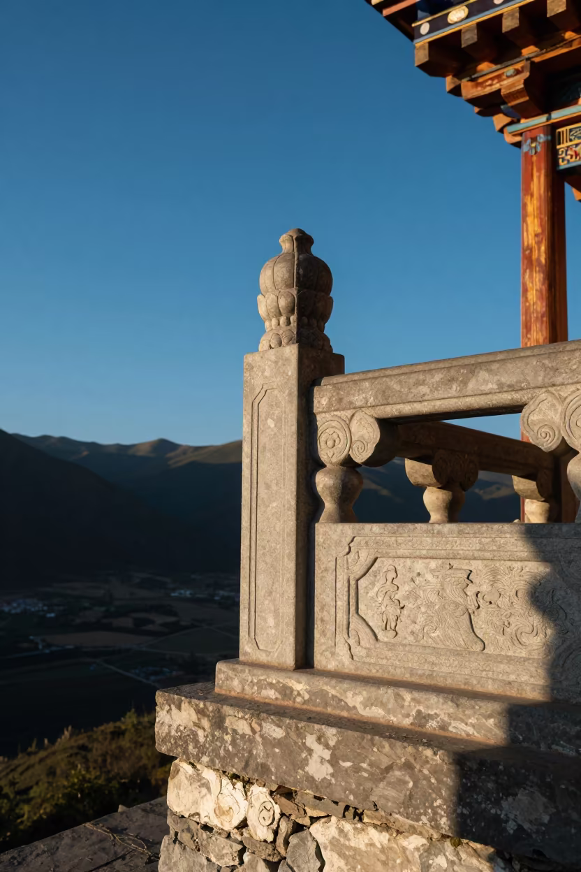 Tibetan Stone Balcony Dawn Valley View in in Tibet
