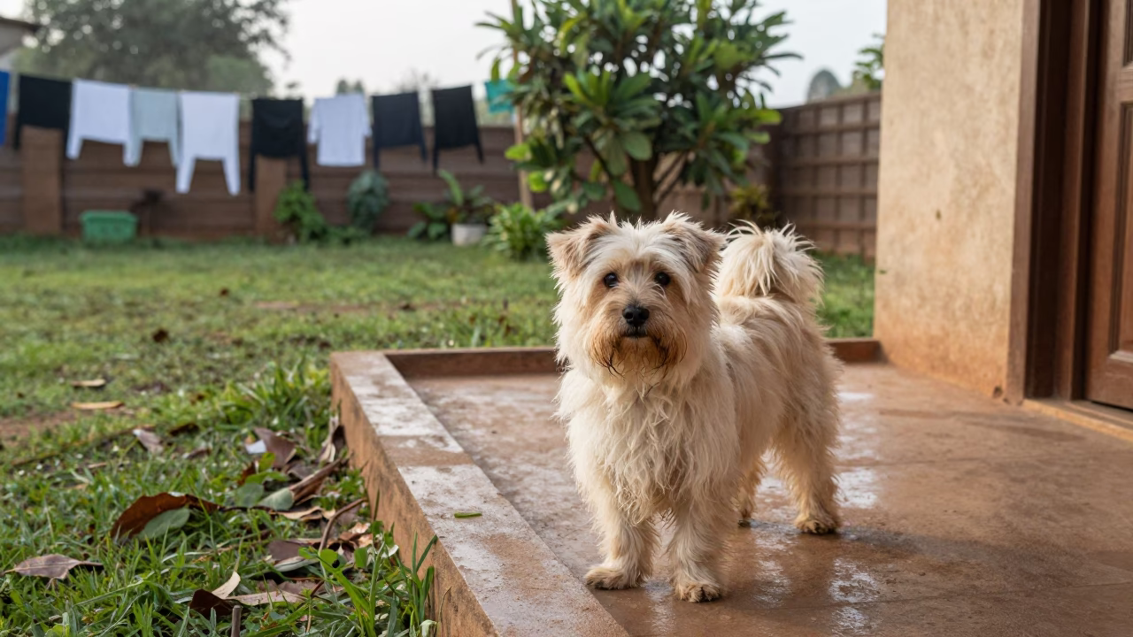 Tibetan Terrier on Shaded Porch in Ferkessédougou in near a garden edge with soft morning light and an uncluttered background in Ferkessédougou