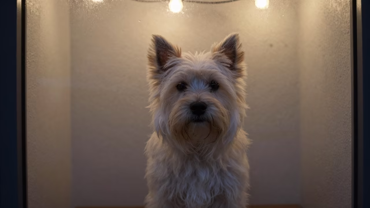 Tibetan Terrier Portrait Beside Plaster Wall in beside a plain plaster wall in soft indoor light with the animal centered in frame in Gaya