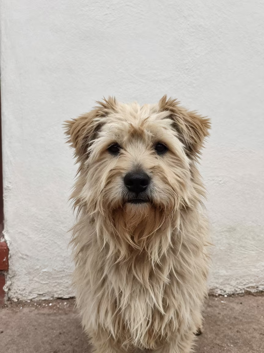 Tibetan Terrier Portrait Beside Puebla Wall in beside a plain courtyard wall in clear daylight with the animal at eye level in Puebla