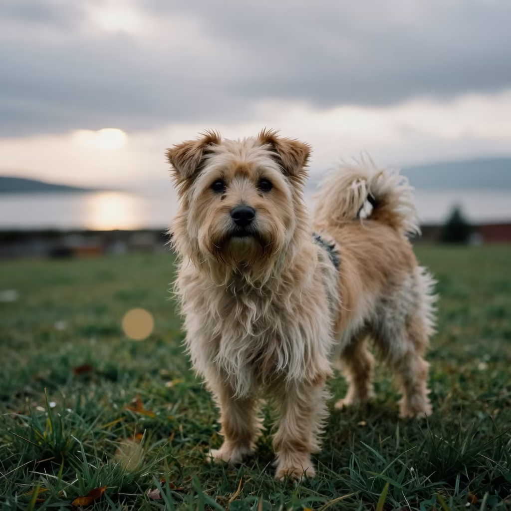 Tibetan Terrier Portrait in Ciudad de la Costa Yard in in a small yard with clipped grass, calm light, and the animal centered in frame in Ciudad de la Costa