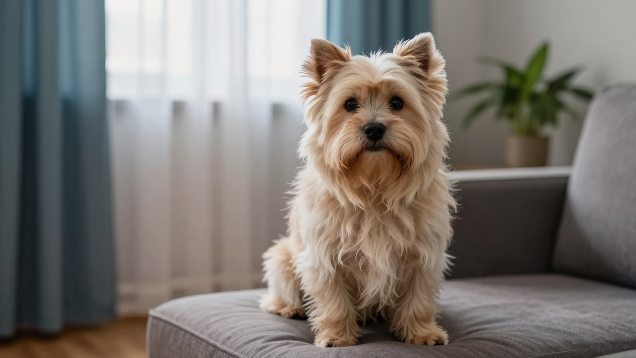 Tibetan Terrier Portrait on Sofa Near Window in on a sofa near a curtained window with calm indoor light in Constantine