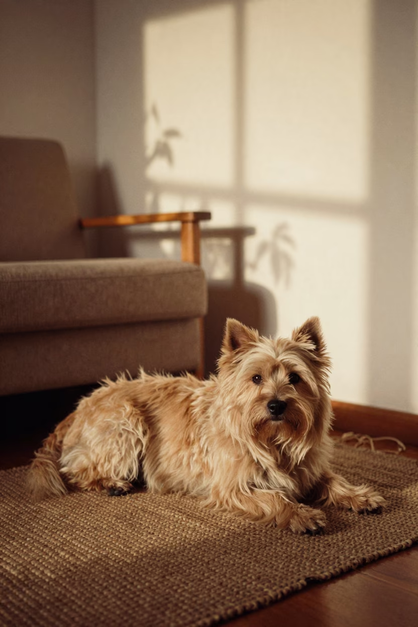 Tibetan Terrier Resting on Rug in Latina Home in on a woven rug beside a low couch and an uncluttered wall in Latina