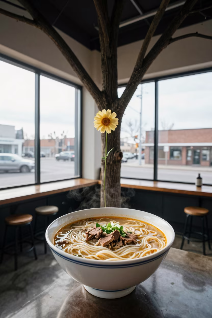 Tibetan Thukpa Bowl with Giant Tree Flower in at a noodle counter in Calgary