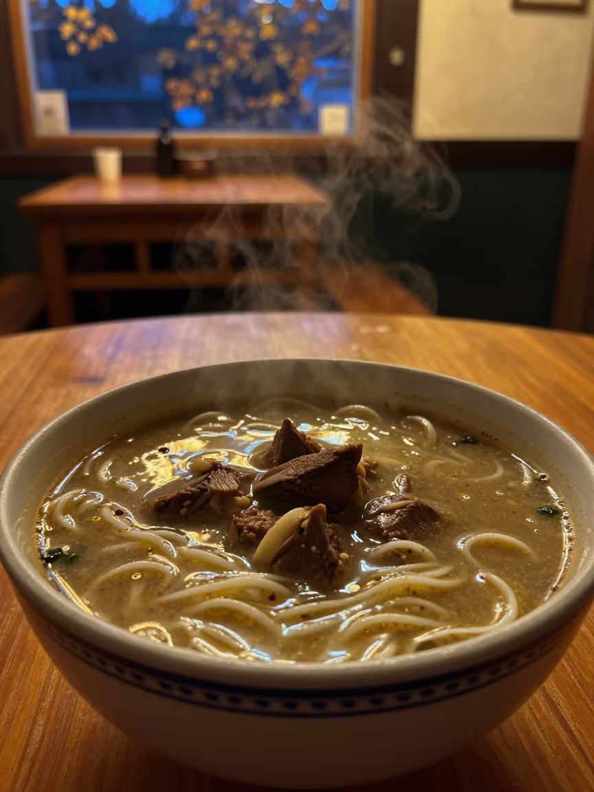 Tibetan Thukpa Noodle Soup Bowl Midnight Lamplight in on a small dining table by a window in Wollongong