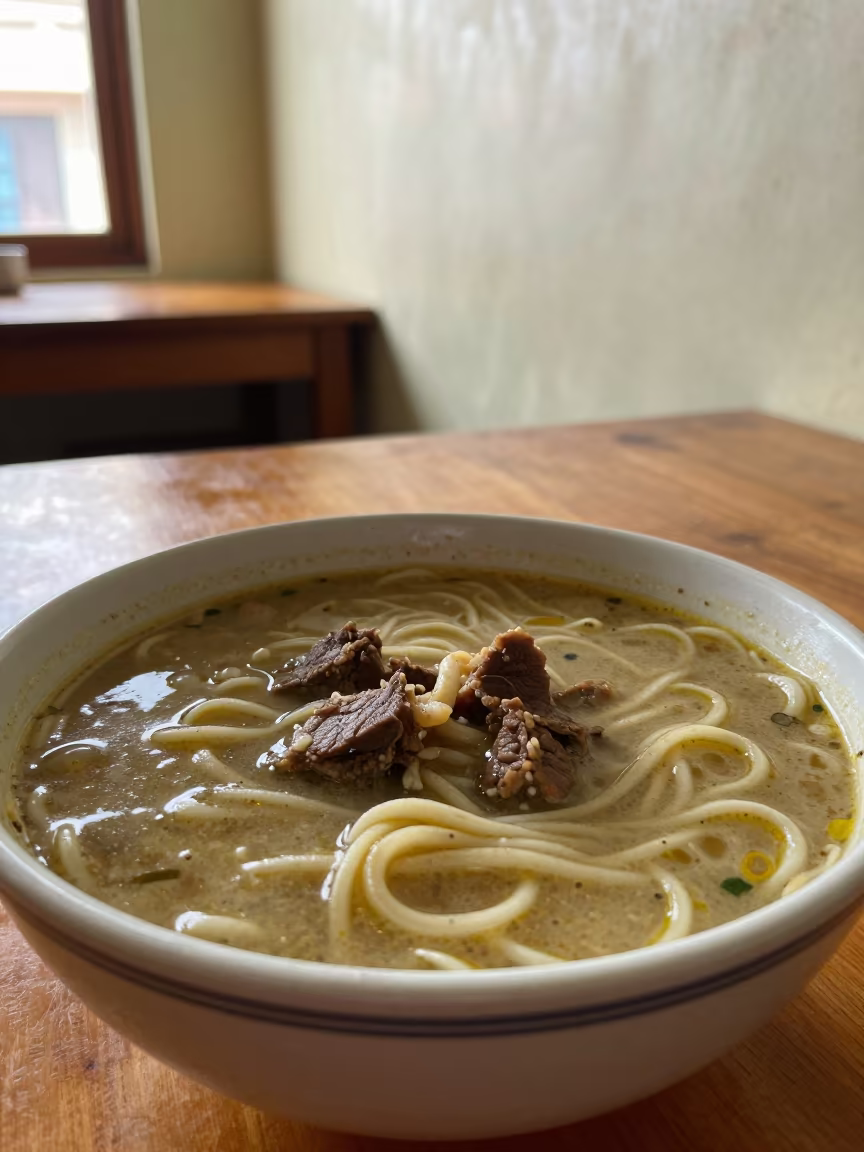 Tibetan Thukpa Noodle Soup with Yak Meat Bowl in on a small dining table by a window in Nawabshah