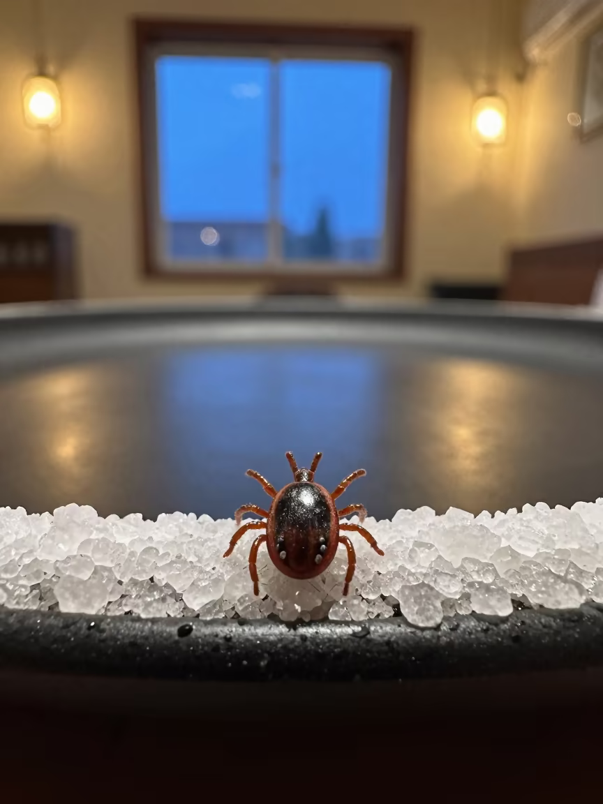 Tick Embedded in Fabric Fibers on Salt Crystals in on salt crystals along a pan rim in El Mahalla El Kubra