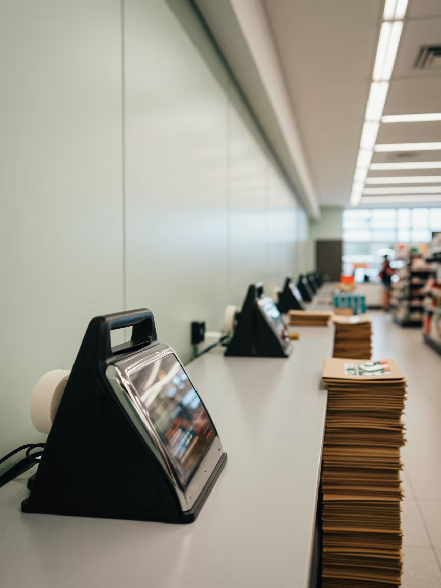 Ticket Roll Holder at Cash Wrap Counter in at a cash wrap counter with bags stacked nearby in Buffalo