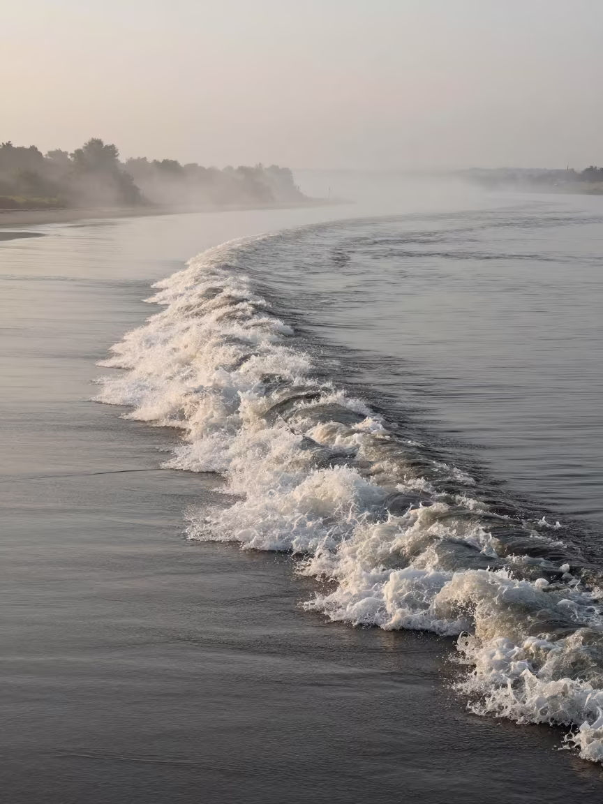 Tidal Bore Rising in Misty Dawn Valley in across a wide valley floor near İskenderun