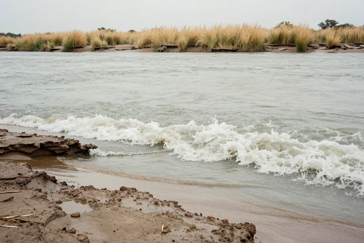 Tidal Bore Wave Rising on Argentine Shore in along a wave-cut shoreline in Argentina