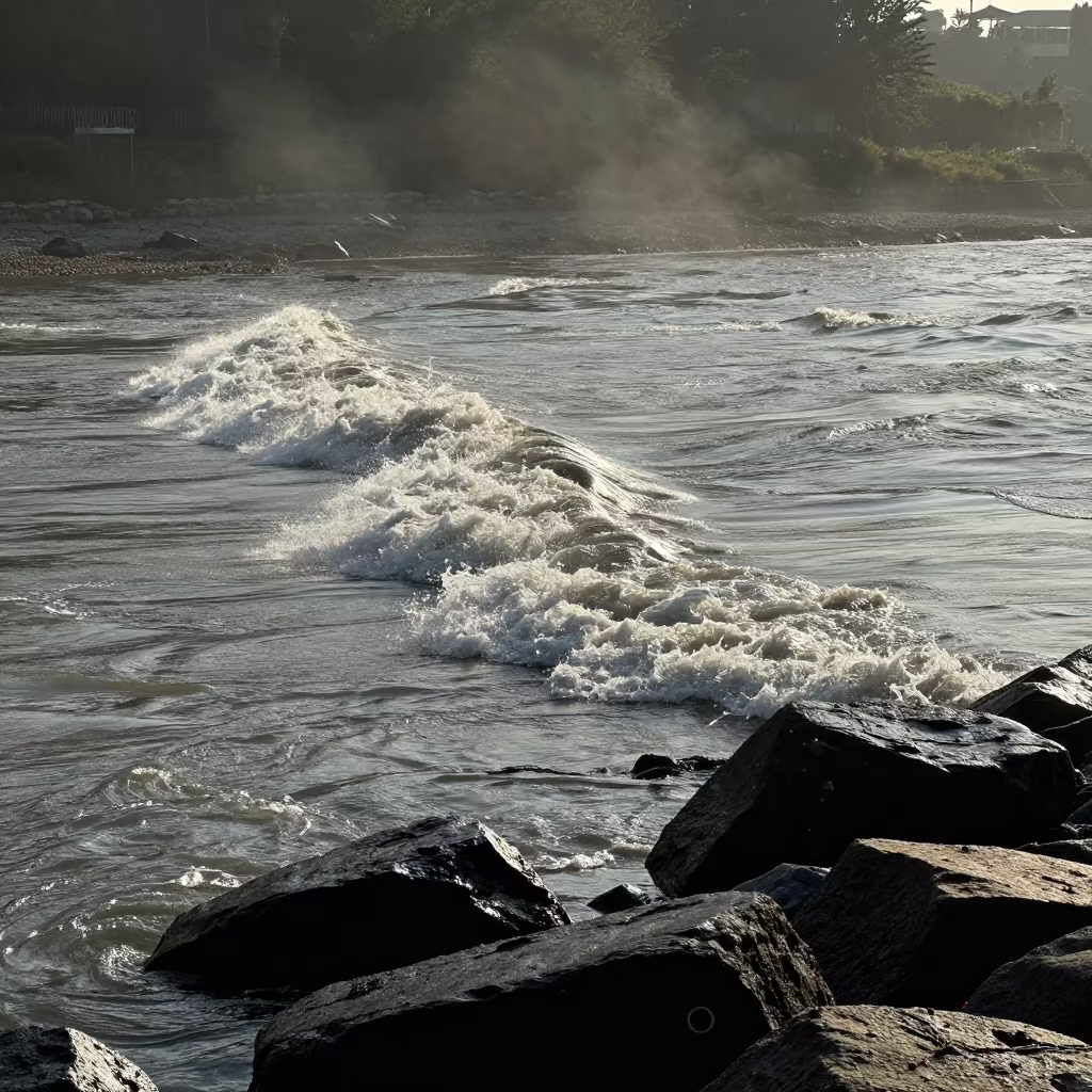 Tidal Bore Wave Rising Before Sunrise in along a wave-cut shoreline near Holon