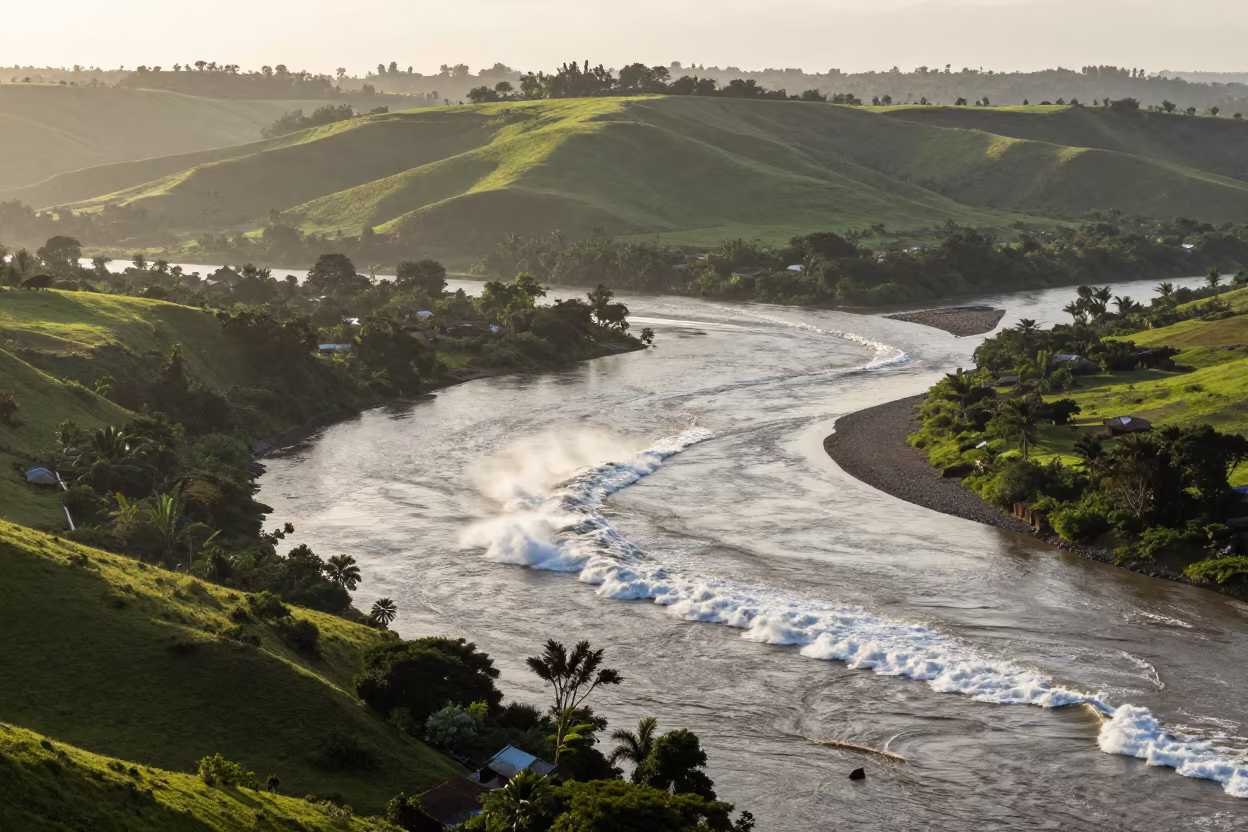 Tidal Bore Wave Rwanda Foothills Aerial View in from a ridge above layered foothills in Rwanda