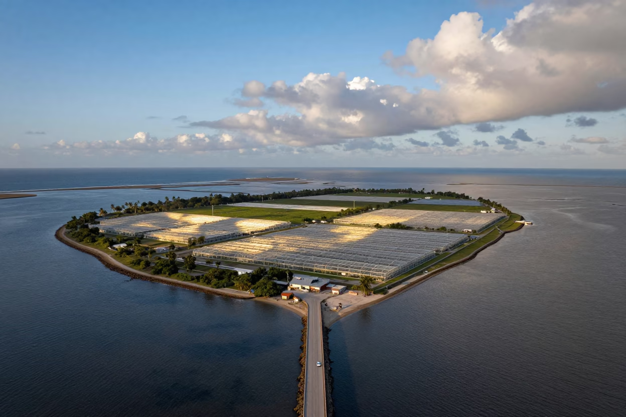 Tidal Island Causeway Aerial View Havana in high over greenhouse grids near Miramar, Havana