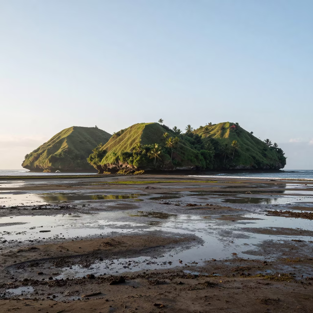 Tidal Island at Low Tide Bali Ridge View in from a ridge above layered foothills in Bali