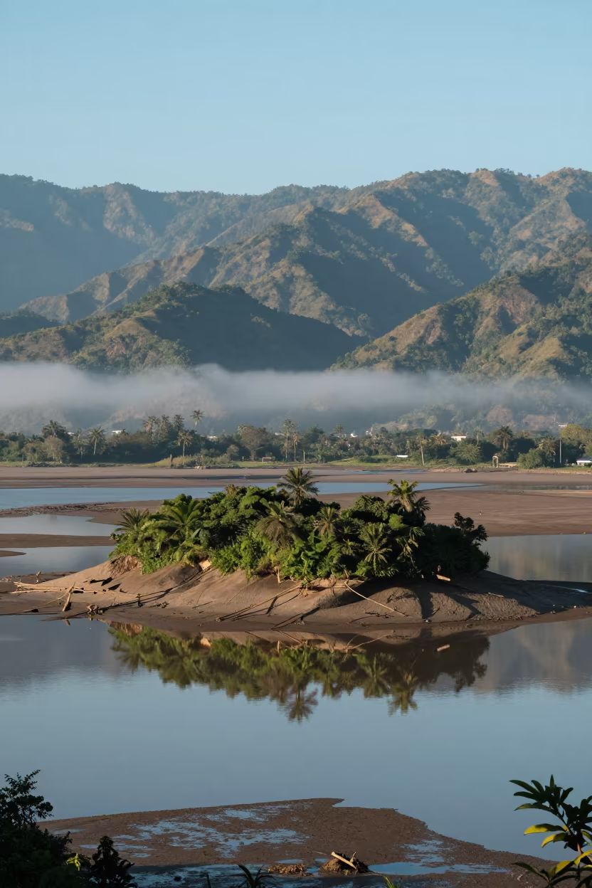 Tidal Island Ridge Reflections Wet Season in from a ridge above layered foothills near Mawlamyine